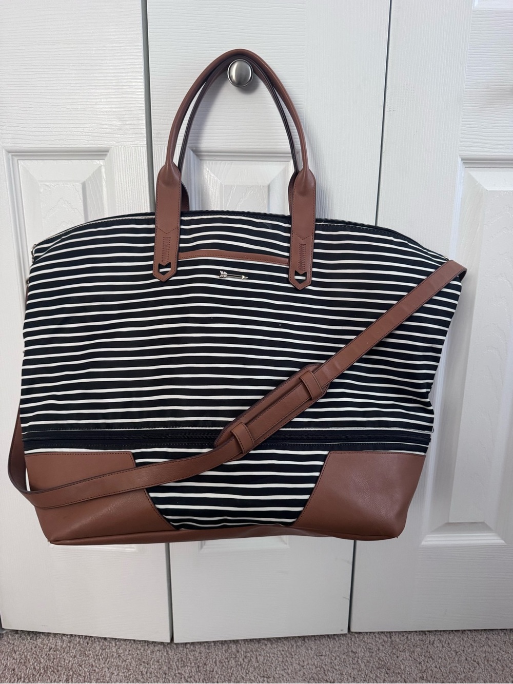 Striped Black & White Weekender Bag with Brown Trim